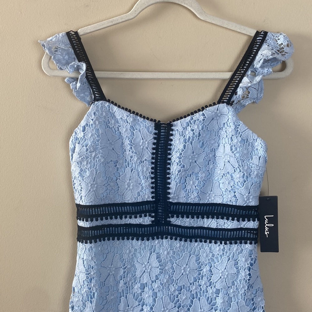 Lulu's Lace Crochet Eyelet Ruffle Hem Mermaid Blue Cocktail Midi Dress Gown - Picture 3 of 10